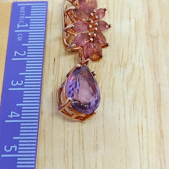 Natural Amethyst & Tourmaline Rose Gold on Sterling Silver Earrings & Ring 7.5 - Picture 14 of 15